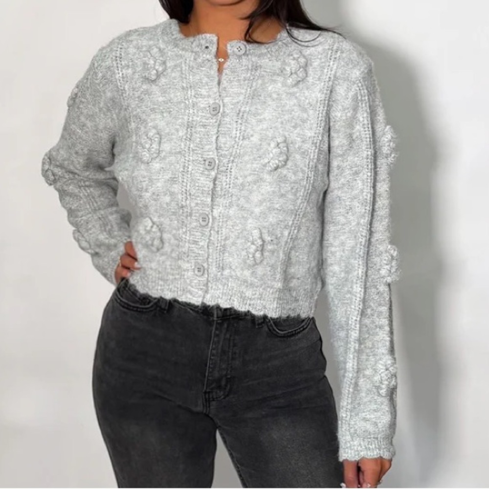 Gray Textured Button-Up Cardigan With Flower Shape PomPoms